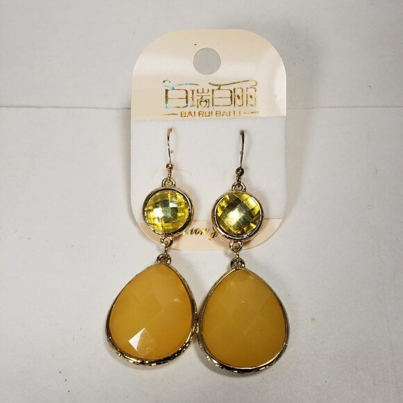 Bold Yellow Teardrop Statement Earrings – Faceted Crystal & Gold Dangle Jewelry - Picture 8 of 14